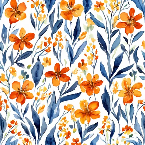 watercolor, flower, blue and orange, beautiful, 1:1, watercolor style, flower and leaf patterns, wet in wet technique, mute, indigo, fabric design, flat illustration, highly detailed cleaning, vector image, masterpiece, professional, isometric, bright vect...