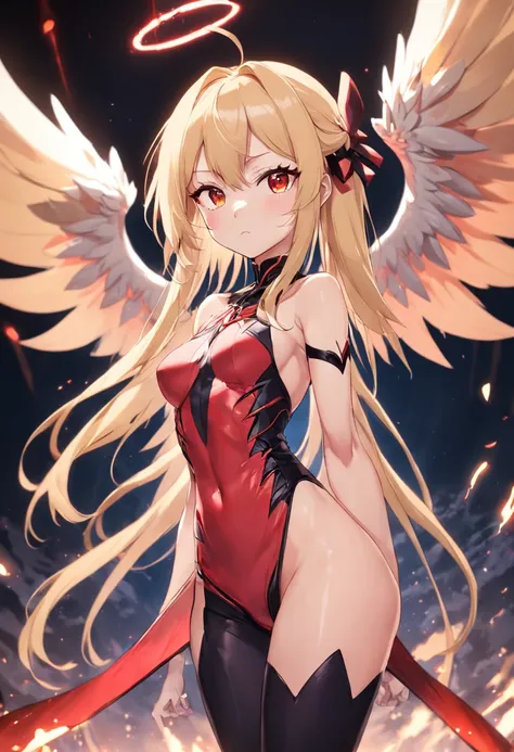 blond hairbl，Tighten and shape the waistband，Slim and slender legs，Illustration masterpiece，style of anime，Kizi，The demons，wings，Between light and dark， mature，Black tail，Blue eye on the left and red eye on the right