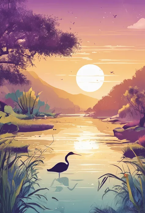 24 solar terms，White dew solar term，Pale dew as frost，Sunlight rays come down from the upper left corner，Peaceful landscape illustration，Blue-purple gradient lake close-up，Two egrets loom among the yellow-green reeds，Natural landscape artwork，Rich color va...