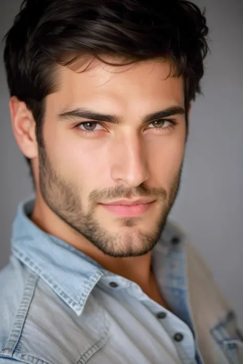 um close up de um homem com barba e camisa jeans, bonito rosto atraente, rosto bonito e rosto bonito, Macho bonito, rosto bonito perfeito, homem muito atraente com barba, macho atraente, cara muito boa olhando!!, barba de restolho leve, rosto masculino bon...