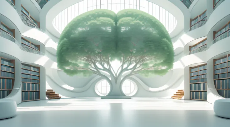 Futuristic minimalist white science fiction library，There is a large glass podium in the center of the stage，There is a tree of souls on each side，On the distant wall is a giant AI brain, first person perspective，wide wide shot，in a panoramic view，35mm，hig...