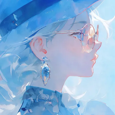 Anime girl with blue hat and glasses looking up at the sky, Detailed digital anime art, Digital anime illustration, Exquisite digital illustration, Guviz-style artwork, Digital anime art, Beautiful anime artwork, advanced digital anime art, Digital art on ...