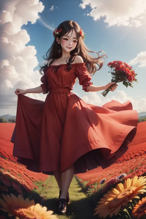 flower  field　Red dress　A smile　blue-sky　Into the cloud　holding flower bouquet　a picture