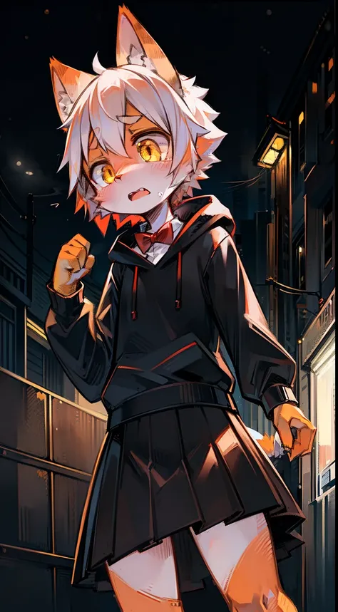 solo, kemono, femboy, orange and white hair, yellow eyes, wear red bow tie, wear black hoodie, wear black skirt, scared face, scared reaction, standing in wide parking lot, night time