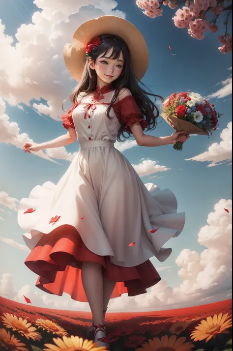 flower  field　Red dress　a smile　blue-sky　Into the cloud　holding flower bouquet