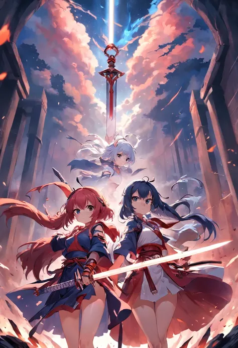 2 Girls，2girls，2 Anime girls，With a sword，Wield this sword，ancient wind，swordsmen，Clothes red