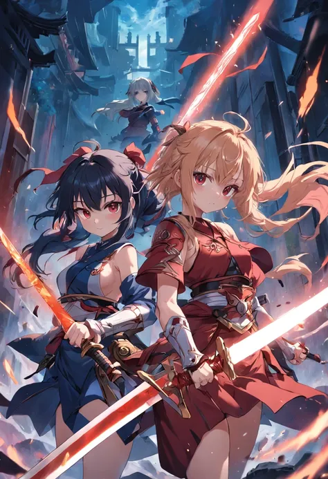 2 Girls，2girls，2 Anime girls，With a sword，Wield this sword，ancient wind，swordsmen，Clothes red