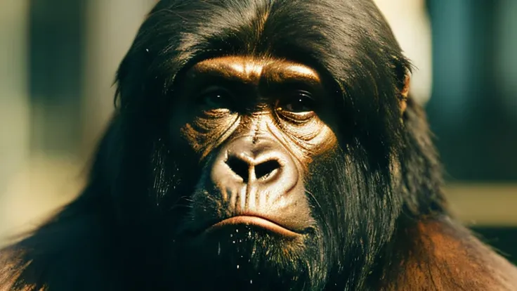 Planet of the Apes（（top Quority，8K，tmasterpiece：1.3）），Gorilla Warrior（golden jewelery），perspired，Water droplets on the forehead of the face，exteriors，background urban cityscape，Overhead，Sharp focus：1.2，cute animal：1.4，（（Layered Hair Style）），（Planet of the ...