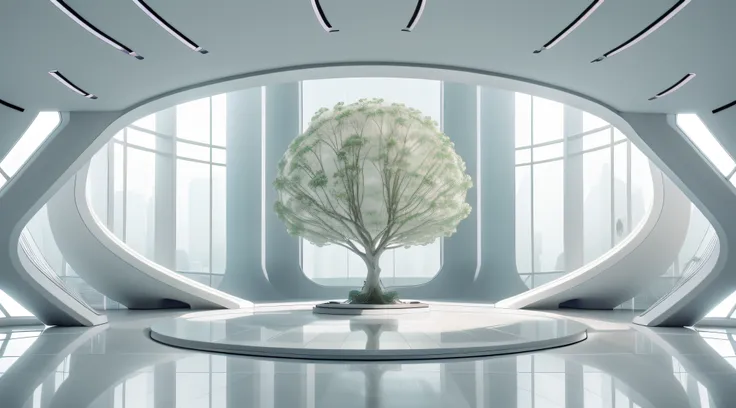 Futuristic minimalist white sci-fi studio，There is a large glass podium in the center of the stage，There is a soul tree on each side，On the wall in the distance is a giant AI brain, first person perspective，wide wide shot，in a panoramic view，35mm，Highlight...