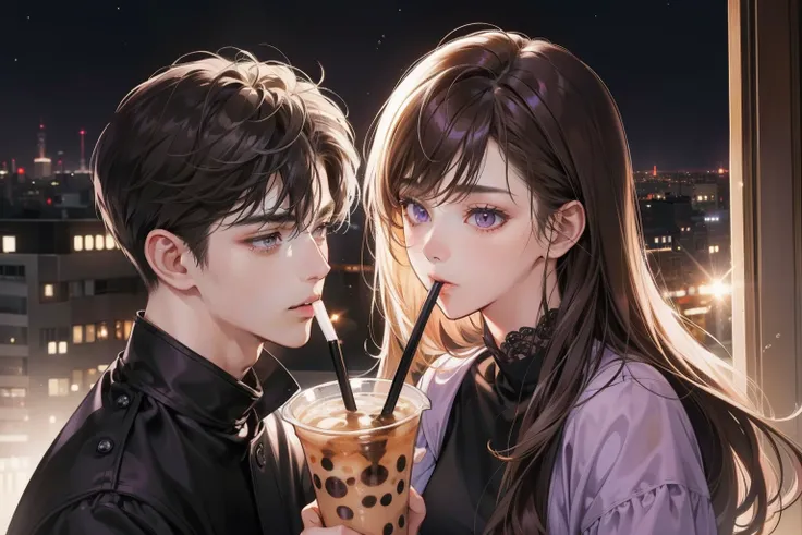 High resolution, detailed, masterpiece, lovers, 1 girl 1 boy, different hair color, long dark hair bang and purple eyes, short brown hair and grey eyes, face to face, night light, drinking bubble tea, mouth opens, talking, 18 years old, shorter dark hair g...