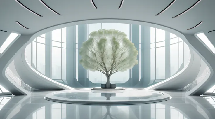 Futuristic minimalist white sci-fi studio，There is a large glass podium in the center of the stage，There is a tree of souls on each side，On the distant wall is a giant AI brain, first person perspective，wide wide shot，in a panoramic view，35mm，highlight，hig...