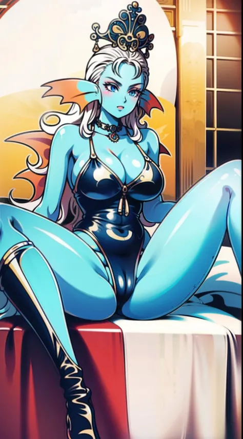 8K,High quality,Anime,married,Beautiful,clean,Bright,highlight in eyes,Sexy,ultra gigantic tits,oversized tits,Erotic,Well drawn,,beautiful line art. Blue skin, well-drawn ears, Blue and orange gradient fins, Blue , Blue , Painted from head to waist, revea...