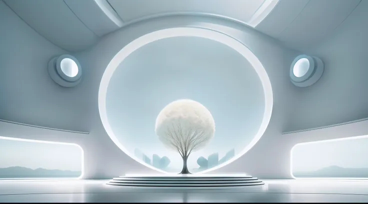 futuristic minimalist white sci-fi studio，there is a large glass podium in the center of the stage，there is a tree of souls on e...