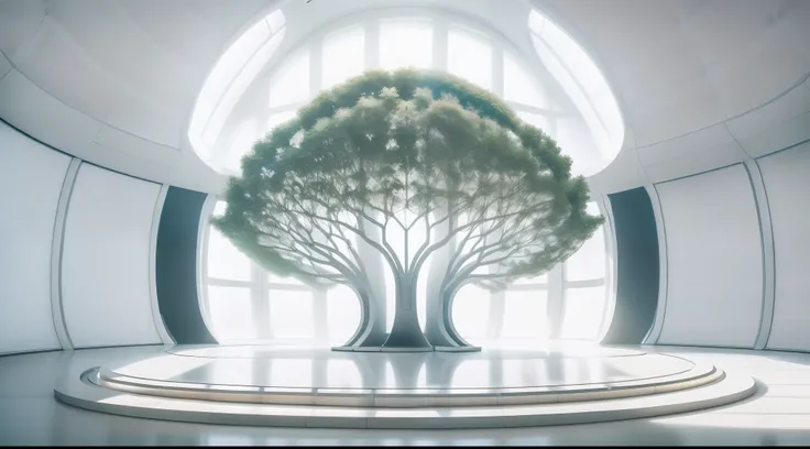 Futuristic minimalist white sci-fi studio，There is a large glass podium in the center of the stage，There is a tree of souls on each side，On the distant wall is a giant AI brain, first person perspective，wide wide shot，in a panoramic view，35mm，highlight，hig...