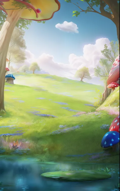 There is a cartoon character sitting on a mushroom in the grass,whimsical fantasy landscape art, background artwork, arte de fundo, magical fairy background, miraculous ladybug, realistic scene, fairy tale style background,realistic fantasy rendering, real...