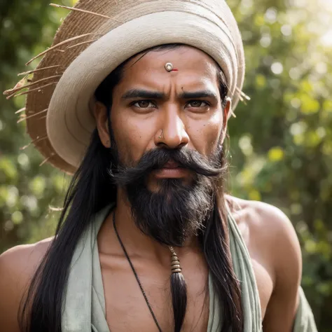 "A person resembling an Indian bhagat, tribal priest, babaji, adivasi with a moustache, adivasi, aboriginal, he looks like mixers of australoid and negro race, indian aboriginal, indian, he has captured in a medium shot, sparks, glossy, dust particles, 3D ...