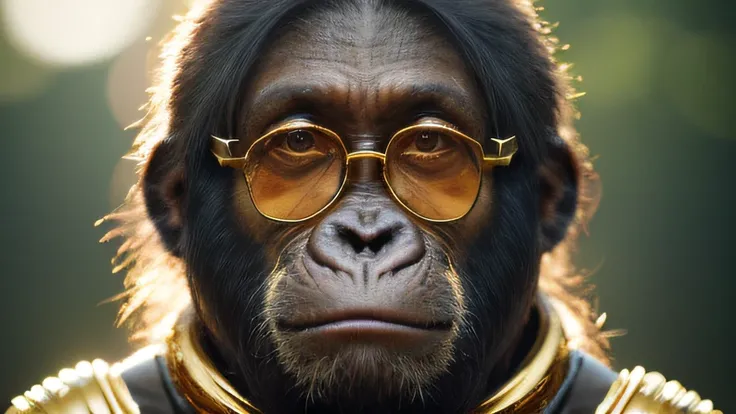 Planet of the Apes（（top Quority，8K，tmasterpiece：1.3）），Gorilla Warrior（golden jewelery），perspired，Water droplets on the forehead of the face，exteriors，background urban cityscape，Overhead，Sharp focus：1.2，cute animal：1.4，（（Layered Hair Style）），（Planet of the ...