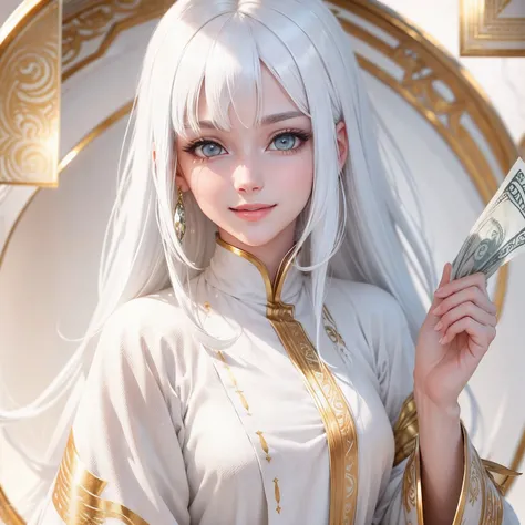 best quality, white hair, gold eyes, white clothes, looking up, upper body, hair strand, Fair skin, smiling, having money