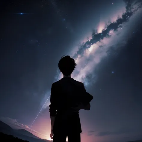 The subject is a silhouette of a teenager，The background is full of stars，The boy holds a lamp in his hand