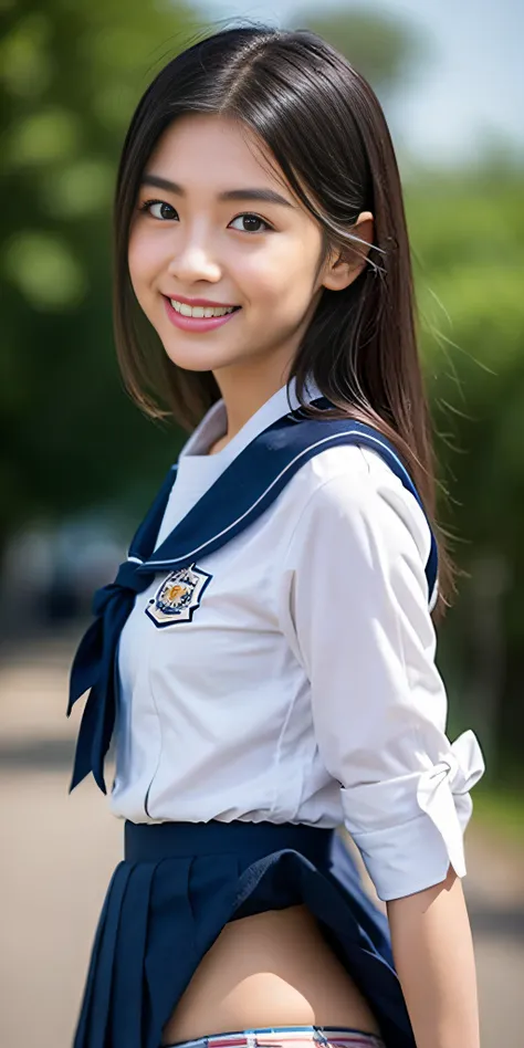 Neat and clean schoolgirl、(student clothes、a sailor suit、Ribbon knot at chest、summer clothing、The upper body is white、The skirt is dark blue)、Outside the field、(Slimed)、Photorealsitic、detaileds, Skin Texture, ultra-detailliert、Delicate and sexy collarbone、...