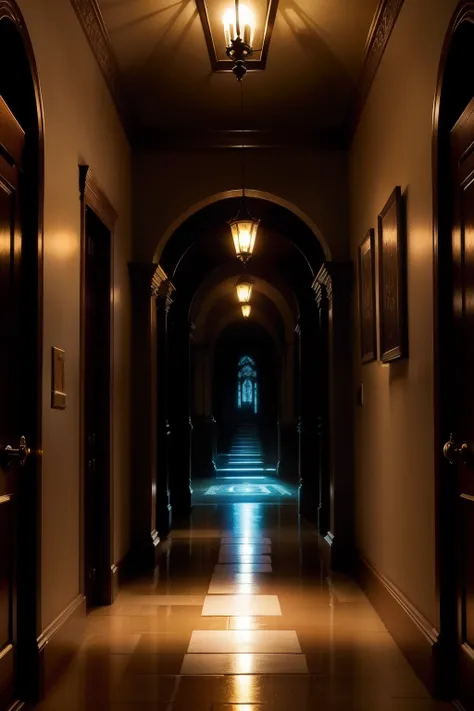 a door closing symbolically, there is a long corridor illuminated with colored torches along the way, realistic effect.