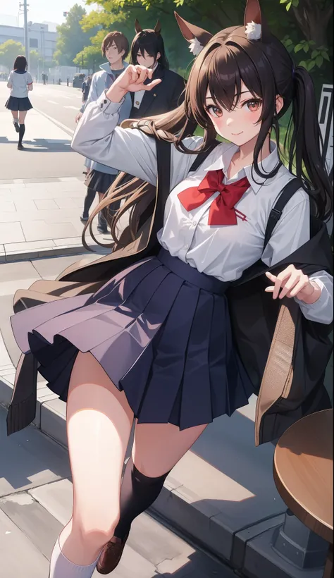 1girl in、AS-Adult、A smile、（Tsundere）、The shirt、skirt by the、（small tits）Chilarism、Japan High School Student Uniform、serafuku、summer clothing、（Sheer Bra）、Upper body portrait、horse ear（Uma Musume）、Running、sprinting、