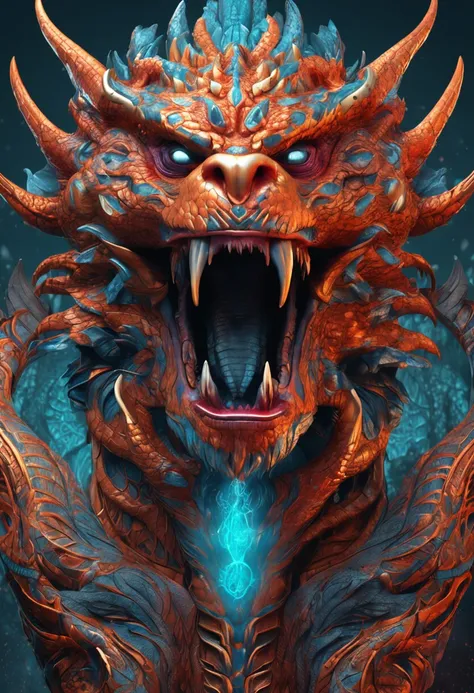 Dragon God, ember, Astringent colors, Digital Art, Intricate details, charmed, Professionally made, 3D,Highly detailed, Vibrant, Ultra High Quality,Rich facial expression front,The upper part of the body]