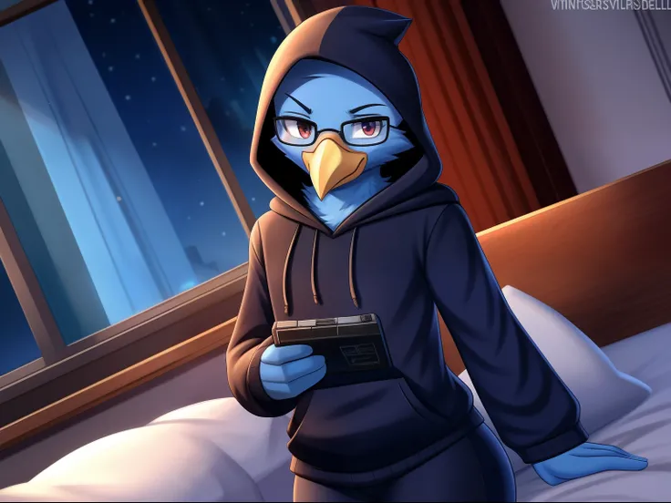 Berdly from Deltarune, professional art made by twistedscarlett60, glasses, solo, male, avian, bird, avian tail, bird tail, blue body, blue feathers, frown, eyebags, night, drawstring, dutch angle, hood, hood up, hoodie, long sleeves, looking at viewer, fr...