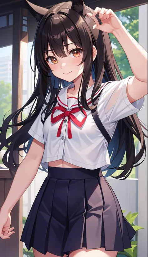 1girl in、AS-Adult、A smile、（Tsundere）、The shirt、skirt by the、（small tits）Chilarism、Japan High School Student Uniform、serafuku、summer clothing、（Sheer Bra）、Upper body portrait、horse ear（Uma Musume）、Running、Sprinting、