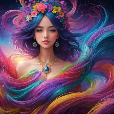 create a vibrant and detailed digital painting of a stunning woman immersed in a fantastical world bursting with color and life. The woman should possess delicate and ethereal features, radiating a timeless beauty that captivates all who gaze upon her. Use...