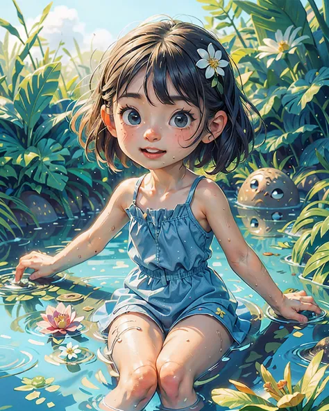 Little Girl, Water Play, Water Bubbles, Summer, Happy, Flower, Perfect Quality, Clear Focus (Clutter - Home: 0.8), (Masterpiece: 1.2) (Realistic: 1.2) (Bokeh) (Best Quality) (Detailed skin: 1.3) (Intricate Details) (8K) (Detail Eye) (Sharp Focus), (Happy)