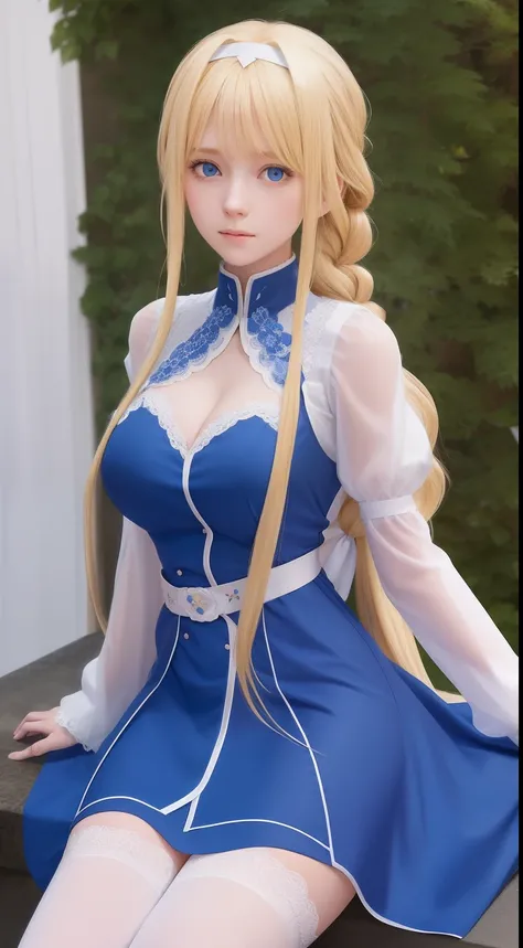 alice zuberg, bangs, blue eyes, blonde hair, hair between eyes, very long hair, braid, hairband, white hairband,((masterpiece, best quality:1.2)), (ultra-detailed:1.2),  alice, big breast,dress, blue dress, white thighhighs,