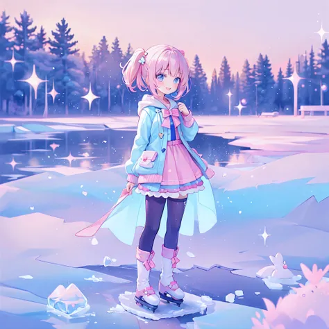 (tchibi), heartthrob, Ice skate on a frozen lake, kawaiitech, kawaii, Cute, Pastel colors, Best quality, cheerfulness,  Deep background