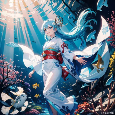 light blue hair woman walking under the sea, many colorful fishes, big smile, talking with fish, (masterpiece), (high quality), wearing a kimono