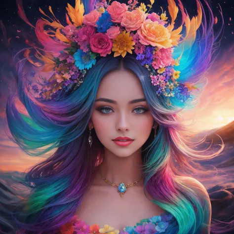 Create a vibrant and detailed digital painting of a stunning woman immersed in a fantastical world bursting with color and life, Surround her with a mesmerizing landscape, where fantastical creatures and flora intertwine seamlessly, forming a breathtaking ...