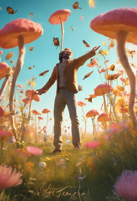 A man stands on a sun-drenched meadow, The outstretched hand is like a small hand, Ethereal creatures made of dreamy materials flutter around them, Eagerly accept the food offering.