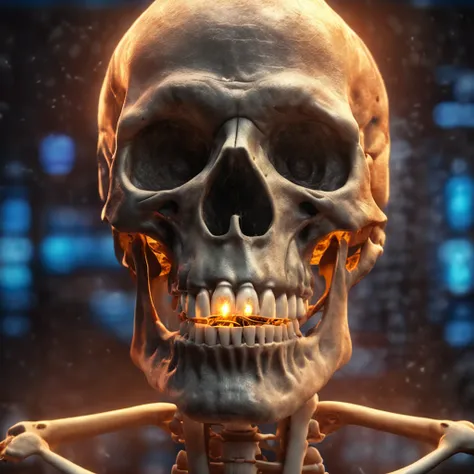 A cigarette is smoked between upper and lower teeth. A large bitcoin object glowing in the background. Realistic skeletal face smiling in spotlight. Close-up. Realistic depiction. The skeleton is in focus. Leica. Realistic photo.