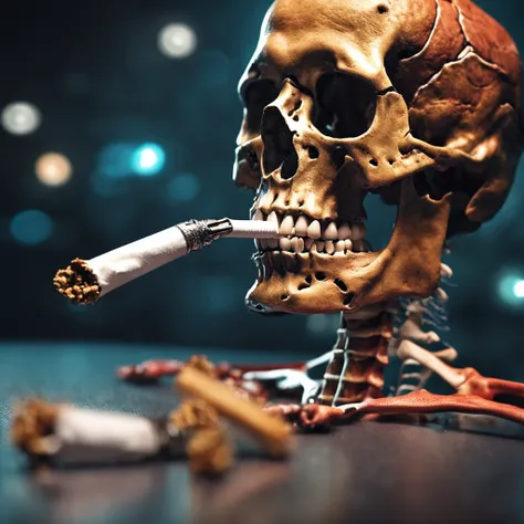 A cigarette is smoked between upper and lower teeth. A large bitcoin object glowing in the background. Realistic skeletal face smiling in spotlight. Close-up. Realistic depiction. The skeleton is in focus. Leica. Realistic photo.