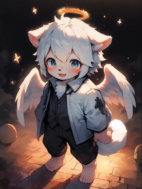 Shota，White color hair ，male people，Q version，（toddlers，baby）， adolable， standing on your feet， Master masterpieces， A high resolution，8K，detailedbackground，high high quality，Libido boy，（（（独奏））），(Angel wings，angelic halo，White clothes，The barefoot：0.6)，loo...