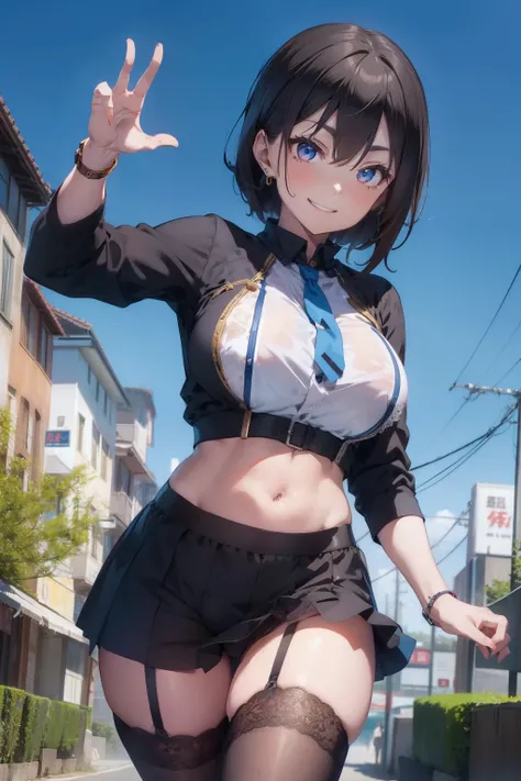 Alice Nagiri、a smile、Colossal tits、Navel Ejection、high-heels、Plainer　Race Queen、Circuit field、Lace fishnet stockings、A slender、Brown hair、Golden earrings、wrist watch、Waving hands　Looking at the camera、Blue Eyes、Have a checkered flag、eye glass