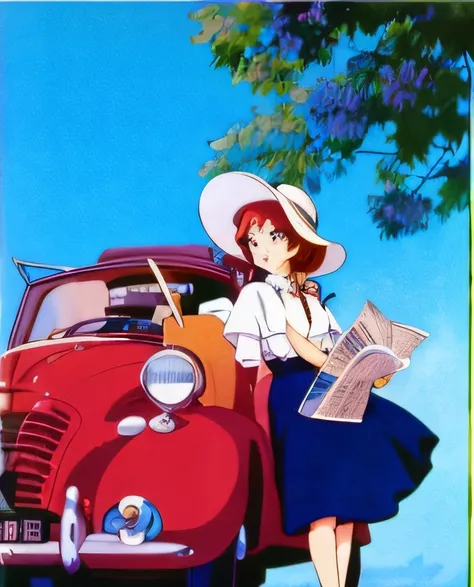 Image of a woman in a hat and dress leaning against a car, an retro anime image, by Osamu Tezuka, by Miyazaki, kikis delivery service, 6 0 s anime art, by Hayao Miyazaki, classic shoujo, studio ghibli and shinkai makoto, style in ghibli anime