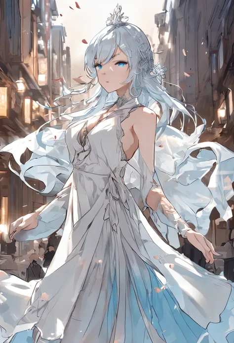 Anime - Stylistic image of a woman in a white dress and blue shoes, white-haired god, From Arknights, flowing white robe, Anime goddess, from girls frontline,  The cute anime Waifuku wears a beautiful dress light blue transparent robe，rosto magro，expressiv...