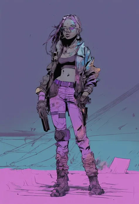 Full body portrait of beautiful chubby woman, whole head in frame, Dark skin tone, Long neon hair, Light purple root blue end, (((yoji shinkawa))) Yoji Shinkawas post-apocalyptic style, Cyberpunk, suns rays,