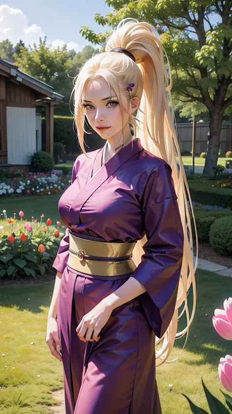 ino from the anime naruto, long hair, blonde hair, ponytail, beautiful, beautiful woman, perfect body, perfect breasts, wearing a purple kimono, in the garden, tulip garden, trees, green garden, looking at the audience, smiling slightly, realism, masterpie...