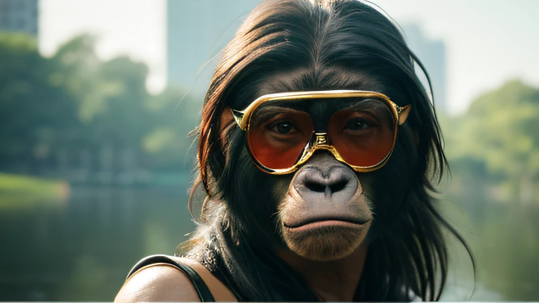 Planet of the Apes（（top Quority，8K，tmasterpiece：1.3）），Gorilla Warrior（golden jewelery），perspired，Water droplets on the forehead of the face，exteriors，background urban cityscape，Overhead，Sharp focus：1.2，cute animal：1.4，（（Layered Hair Style）），（Planet of the ...