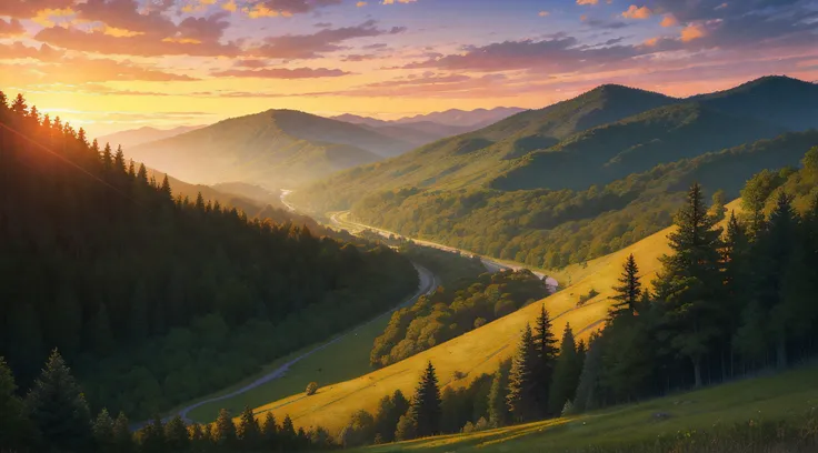 A forested valley of greenery，dyed red by the setting sun