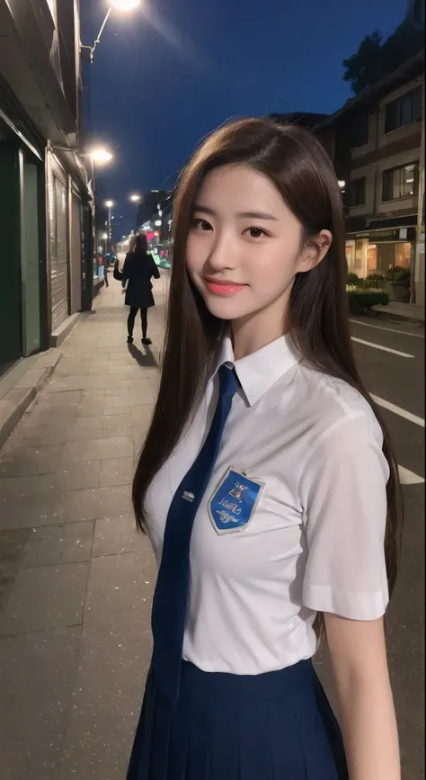 ((Realistic lighting, Bestquality, 8k, MASTERPIECE:1.3)), Sharp Focus:1.2, 1girl, A beauty with a perfect figure:1.4, Slim abs:1.1, ((Dark Brown Hair)), (school uniforms:1.4）,（out door，at nighttime：1.1），City street，Ultra-fine face，Fine eyes，Double eyelidd，...