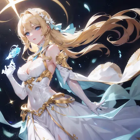 A young woman with long bright blonde hair，Surrounded by stars，she has blue eyes，Delicate and beautiful face，Wearing a long white conservative dress，Excellent figure, Straight breasts，face expressionless，The expression was indifferent，Floating in the palm ...