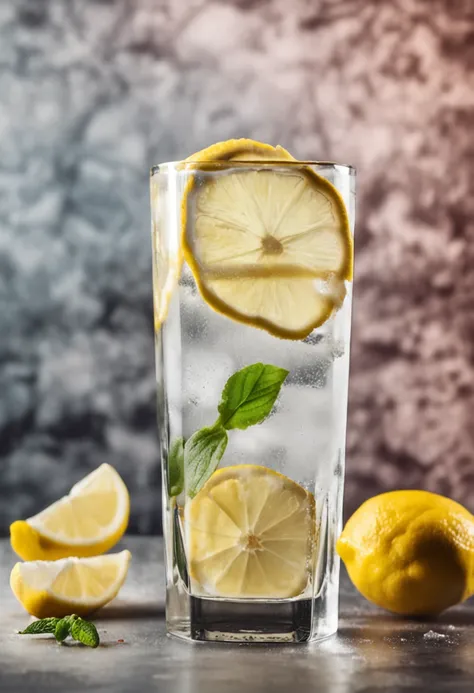 Lemon and ginger slices in a glass of water with ice.