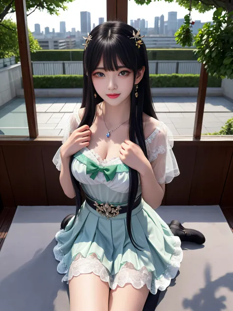 Best quality、tmasterpiece、A high resolution、1girll、Strapless animal short sleeves、a black skirt、black thin stockings、Nice face、There are hair ornaments on the head、looking at viewert、ssmile、Blue hair，beautiful and clear eyes， Green eye pupils，Green eye pup...